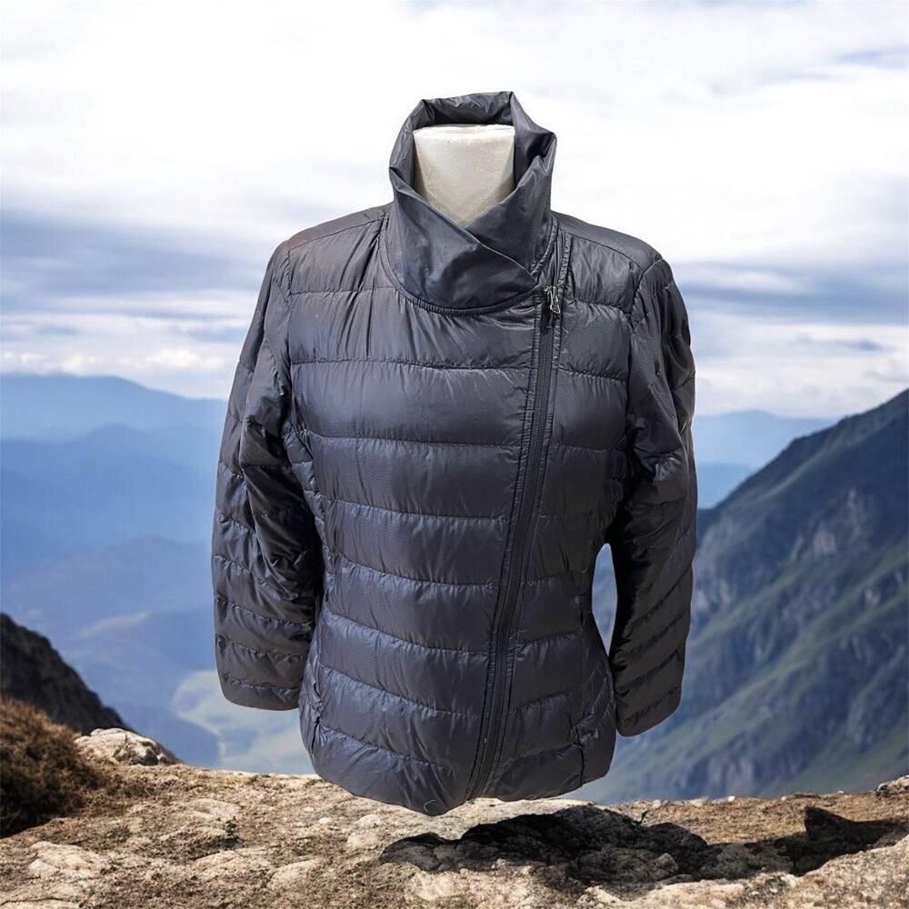 Athleta Downalicious Black Goose Down Puffer Jacket Asymmetric Moto Women's S/M
